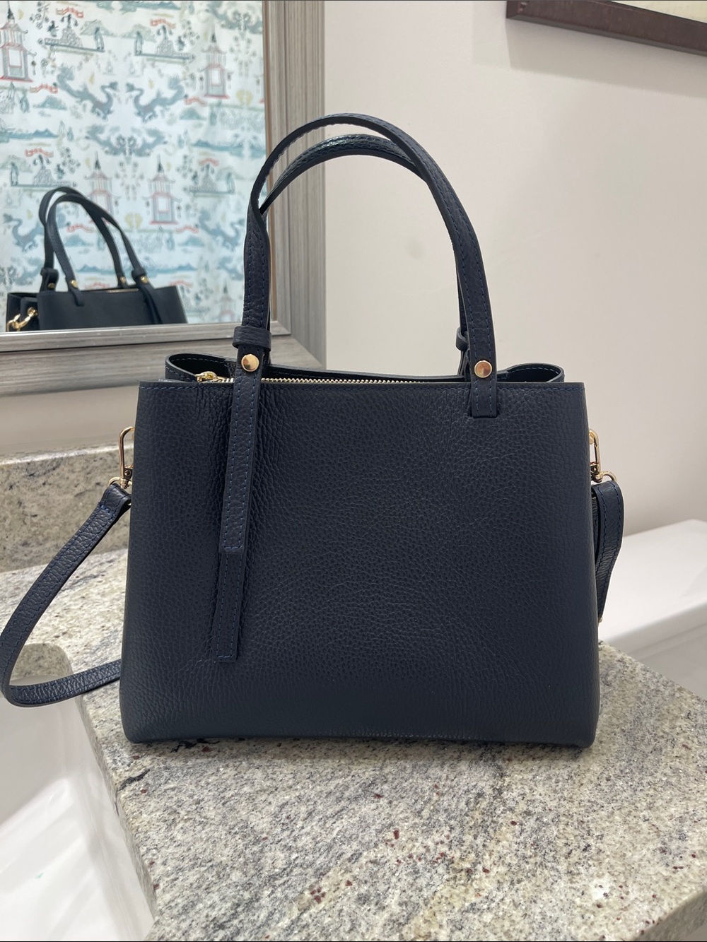 Classic Navy Leather Tote Bag with Detachable Strap